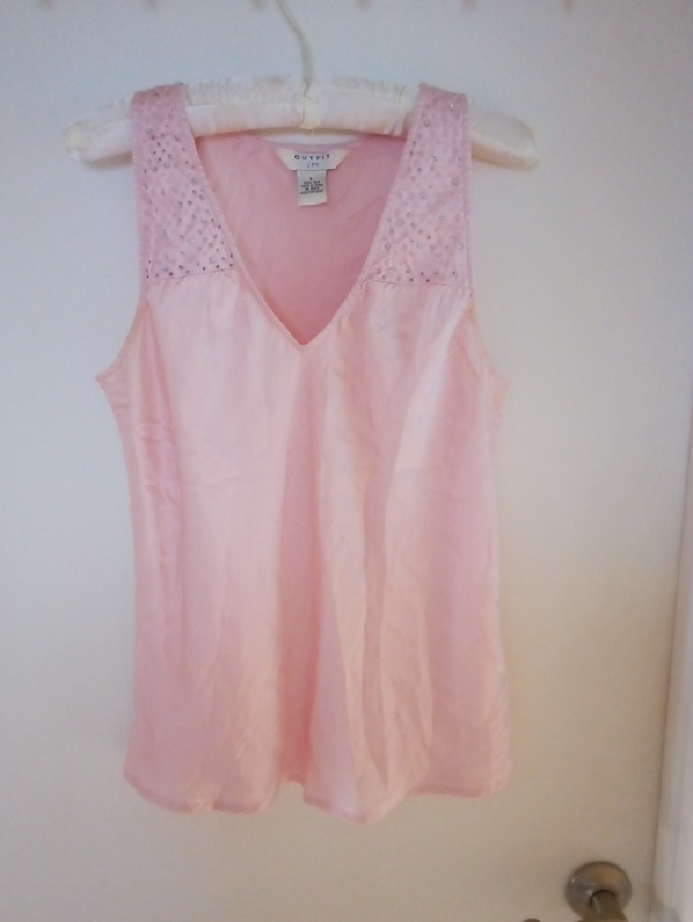 100% Silk Light Pink Sleeveless V-Neck Blouse with Lace Shoulders